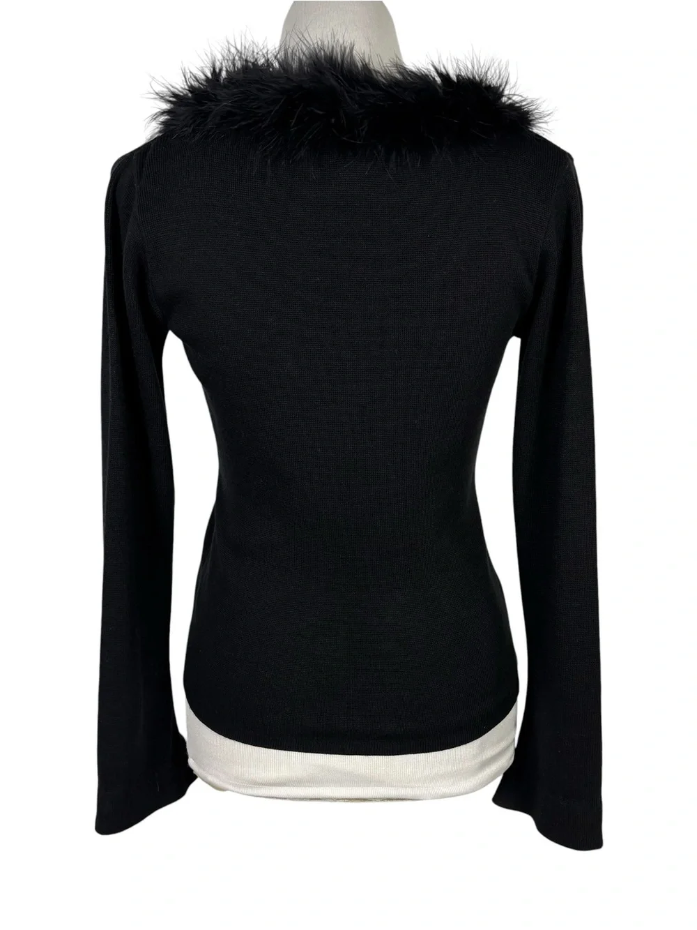 Vintage 90s Y2K Cardigan Sweater Top Black Feather Trim Grunge Punk Anime Sz M